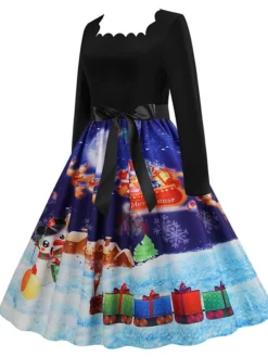 Women's Christmas Casual Dress Vintage Dress Midi Dress Black Blue Wine Long Sleeve Santa Claus Bow Winter Fall Spring Square Neck Vacation Christmas Daily Vacation 2022 S M L XL XXL 3XL -Fashion Life Shop dlmebp1667637129305
