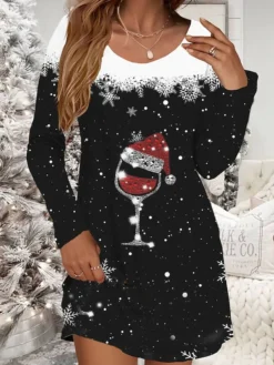 Women's Casual Dress Christmas Dress Winter Dress Christmas Hat Print V Neck Mini Dress Fashion Streetwear Outdoor Christmas Long Sleeve Loose Fit Black White Gray Fall Winter S M L XL XXL