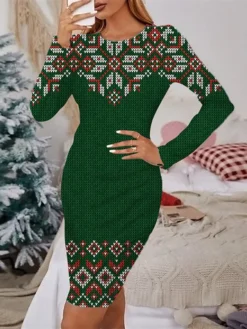 Women's Christmas Casual Dress Sheath Dress Mini Dress Green Wine Red Beige Black Long Sleeve Letter Santa Claus Elk Print Winter Fall Crew Neck Stylish Casual 2022 S M L XL 2XL 3XL 4XL 5XL 6XL -Fashion Life Shop dmoahg1666676348678