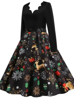 Women's Christmas Casual Dress Swing Dress Vintage Dress Midi Dress Black Wine Orange Long Sleeve Animal Bow Winter Fall Autumn V Neck 2022 S M L XL XXL 3XL -Fashion Life Shop dmteot1666853152397