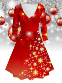 Women‘s Christmas Blue Red Long Sleeve Elk Print Winter Autumn V Neck Fashion Daily Weekend Loose Fit 2022 S M L XL 2XL 3XL 4XL 5XL 6XL