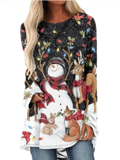 Women's Christmas T Shirt Dress Tee Dress Print DressShort Mini Dress Black And White Long Sleeve Animal Print Patchwork Print Spring Fall Crew Neck Classic Modern 2022 S M L XL 2XL 3XL 4XL -Fashion Life Shop dnynbm1665658880966