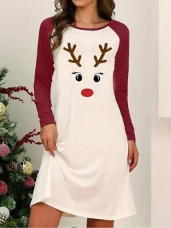 Women's Casual Dress Print Dress Floral Patchwork Print Crew Neck Mini Dress Active Fashion Outdoor Christmas Long Sleeve Loose Fit Wine Red Blue Fall Winter S M L XL XXL