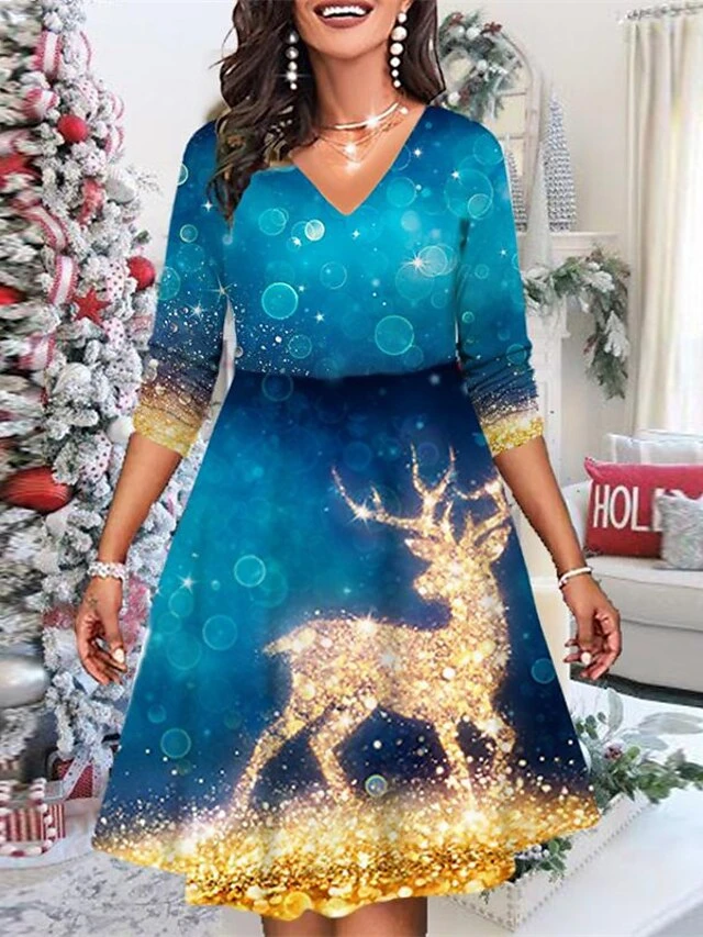 Women's Christmas Casual Dress Shift Dress Mini Dress Blue Red Gray Long Sleeve Plaid Letter Elk Print Winter Fall V Neck Vacation Casual 2022 XS S M L XL 2XL 3XL 4XL 5XL 6XL 2 Women's Christmas Casual Dress Shift Dress Mini Dress Blue Red Gray Long Sleeve Plaid Letter Elk Print Winter Fall V Neck Vacation Casual 2022 XS S M L XL 2XL 3XL 4XL 5XL 6XL - Image 2