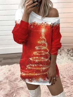Women‘s Christmas Casual Dress Sweatshirt Dress Mini Dress Warm Fashion Outdoor Holiday Crew Neck Print Snowman Tree Loose Fit Black Red Royal Blue S M L XL XXL -Fashion Life Shop dphkbn1694156815511