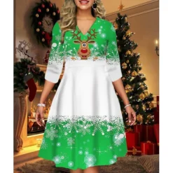 Women's Christmas Print Dress Green Blue Purple Red Black Long Sleeve Elk Snowman Tree Print Winter Autumn V Neck Fashion Casual Fall Dress Loose Fit 2022 S M L XL 2XL 3XL 4XL 5XL 6XL -Fashion Life Shop dpjqwa1666064460672