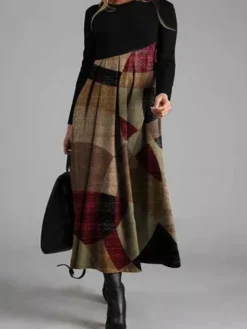 Women's Casual Dress Shift Dress Long Dress Maxi Dress Brown Long Sleeve Geometric Patchwork Winter Fall Spring Crew Neck Fashion Winter Dress Christmas Daily 2023 S M L XL 2XL 3XL