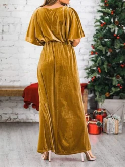 Women's Christmas Dress Casual Dress Velvet Dress Long Dress Maxi Dress Ruched Split Outdoor Christmas Daily Fashion Elegant Crew Neck Half Sleeve 2023 Loose Fit Black Wine Gold Color S M L XL Size -Fashion Life Shop dqwhbg1694089527784