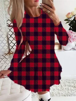 Women's Christmas Swing DressShort Mini Dress Green Dark Green Fuchsia Red Beige Long Sleeve Plaid Santa Claus Elk Pleated Print Fall Winter Crew Neck Stylish Romantic 2022 S M L XL -Fashion Life Shop drqlju1665485273371