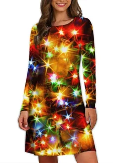 Women's Christmas Casual Dress T Shirt Dress Tee Dress Mini Dress Black Blue Gold Long Sleeve Tree Print Winter Fall Spring Crew Neck Fashion Daily Vacation Loose Fit 2022 S M L XL XXL 3XL