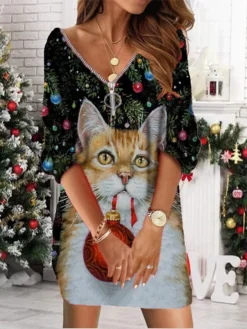 Women‘s Christmas Sweatshirt Dress Winter Dress Short Mini Dress Yellow Gold Red White Black Long Sleeve Cat Santa Claus Elk Zipper Print Fall V Neck Vacation Casual Loose Fit 2022 S M L XL XXL