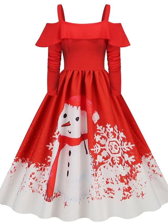 Women's Christmas Vintage DressKnee Length Dress Wine Light Red Red White Black Long Sleeve Santa Claus Elk Snowman Cold Shoulder Print Fall Winter Spaghetti Strap Vacation Vintage 2022 2 Women's Christmas Vintage DressKnee Length Dress Wine Light Red Red White Black Long Sleeve Santa Claus Elk Snowman Cold Shoulder Print Fall Winter Spaghetti Strap Vacation Vintage 2022 - Image 2