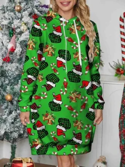Women's Christmas Dress Hoodie Dress Mini Dress Warm Fashion Outdoor Christmas Holiday Hoodie Print Monster Christmas Hat Loose Fit Green S M L XL XXL