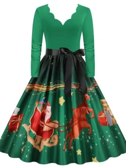 Women's Christmas Party Dress Swing DressKnee Length Dress Green Purple Wine Red Black Long Sleeve Santa Claus Elk Snowman Print Fall Winter V Neck Vintage Party Elegant Party 2022 S M L XL XXL 3XL -Fashion Life Shop dtaqnk1667874473807