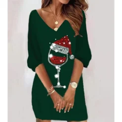 Women‘s Christmas Sweatshirt Dress Winter Dress Short Mini Dress Black 3/4 Length Sleeve Hat Print Fall Winter V Neck Vacation Casual 2022 S M L XL XXL 3XL -Fashion Life Shop dtmrwz1666781296565