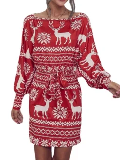 Women's Casual Dress Christmas Dress Sheath Dress Stripe Snowflake Lace Up Print Crew Neck Mini Dress Fashion Modern Christmas Daily Long Sleeve Regular Fit Red Fall Winter S M L -Fashion Life Shop dtuzmy1695888623423