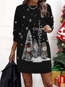 Women‘s Christmas Casual Dress Sweatshirt Dress Mini Dress Warm Fashion Outdoor Holiday Crew Neck Print Geometric Snowman Loose Fit Black Yellow Wine S M L XL XXL -Fashion Life Shop dueybq1695175487998