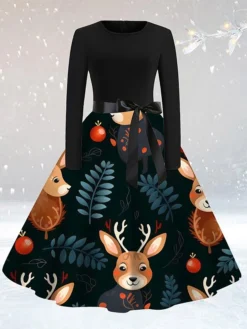 Women's Casual Dress Christmas Dress Sheath Dress Santa Claus Christmas Tree Lace Up Print Crew Neck Midi Dress Active Fashion Outdoor Christmas Long Sleeve Loose Fit Yellow Red Blue Fall S M L XL XXL -Fashion Life Shop dvgjqa1694764255078