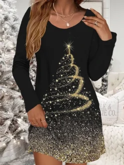 Women's Casual Dress Christmas Dress Winter Dress Christmas Tree Snowflake Print V Neck Mini Dress Fashion Streetwear Outdoor Christmas Long Sleeve Loose Fit Black Yellow Gold Fall Winter S M L XL XXL
