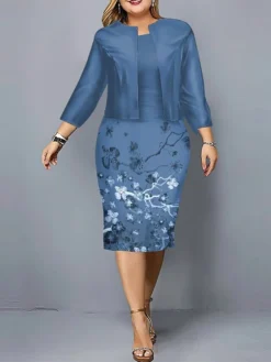Women's Christmas Plus Size Curve Casual Dress Dress Set Two Piece Dress Floral Midi Dress Long Sleeve Print Crew Neck Fashion Outdoor Blue Purple Fall Winter L XL XXL 3XL 4XL -Fashion Life Shop dwqpxj1697170737559