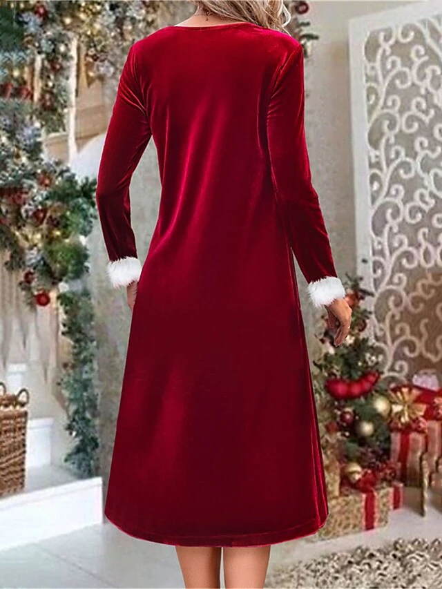 Women's Winter Dress Christmas Dress Velvet Dress Midi Dress Patchwork Fake Two Piece Christmas Daily Date Fashion Modern V Neck Long Sleeve 2023 Regular Fit Wine Color S M L XL XXL Size 3 Women's Winter Dress Christmas Dress Velvet Dress Midi Dress Patchwork Fake Two Piece Christmas Daily Date Fashion Modern V Neck Long Sleeve 2023 Regular Fit Wine Color S M L XL XXL Size - Image 3