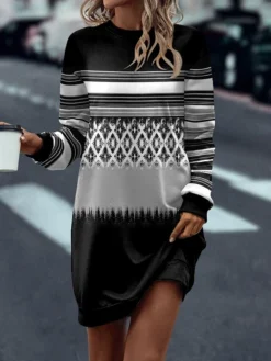 Women's Casual Dress Sweatshirt Dress Mini Dress Warm Fashion Outdoor Christmas Vacation Crew Neck Print Striped Regular Fit Yellow Blue Gray S M L XL XXL