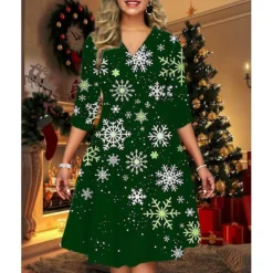 Women's Christmas Print Dress Wine Light Red Dark Green Red Black Long Sleeve Elk SnowmanTree Print Winter Autumn V Neck Fashion CasualFall Dress Loose Fit 2022 S M L XL 2XL 3XL 4XL 5XL -Fashion Life Shop dyiyzc1666064457526