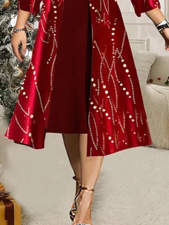 Women's Plus Size Two Piece Dress Set Velvet Dress Party Dress Party Christmas Fashion Elegant Lace Patchwork Midi Dress Crew Neck 3/4 Length Sleeve Geometric Regular Fit Wine Fall Winter L XL XXL -Fashion Life Shop dykseu1697523042786