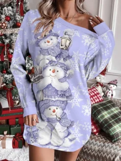 Women's Christmas Dress Sweatshirt Dress Mini Dress Warm Fashion Outdoor Christmas Holiday Crew Neck Print Solid Color Christmas Tree Snowflake Loose Fit Wine Red Purple S M L XL XXL -Fashion Life Shop dylocq1697543046643