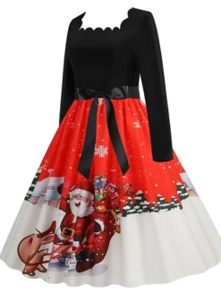 Women's Christmas Casual Dress Vintage Dress Midi Dress Black Blue Wine Long Sleeve Santa Claus Bow Winter Fall Spring Square Neck Vacation Christmas Daily Vacation 2022 S M L XL XXL 3XL -Fashion Life Shop dyqdfa1667637134083