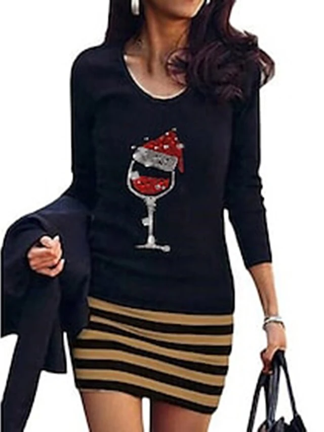 Women's Christmas Casual DressMini Dress Blue Yellow Dark Gray White Black Long Sleeve Striped Print Hat Print Fall Winter Crew Neck Casual Mature Loose Fit 2022 S M 4 Women's Christmas Casual DressMini Dress Blue Yellow Dark Gray White Black Long Sleeve Striped Print Hat Print Fall Winter Crew Neck Casual Mature Loose Fit 2022 S M - Image 4