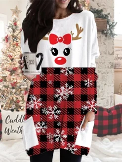 Women's Christmas Casual Dress T Shirt Dress Tee Dress Mini Dress Wine Red Long Sleeve Plaid Snowman Snowflake Pocket Print Winter Fall Crew Neck Vacation Casual 2022 S M L XL XXL 3XL -Fashion Life Shop dznudb1666768654487