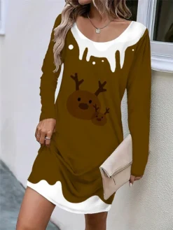 Women's Casual Dress Christmas Dress T Shirt Dress Tee Dress Deer Print V Neck Mini Dress Fashion Streetwear Outdoor Christmas Long Sleeve Loose Fit Wine Brown Green Fall Winter S M L XL XXL 5 Women's Casual Dress Christmas Dress T Shirt Dress Tee Dress Deer Print V Neck Mini Dress Fashion Streetwear Outdoor Christmas Long Sleeve Loose Fit Wine Brown Green Fall Winter S M L XL XXL -Fashion Life Shop ebjtjn1696669407863