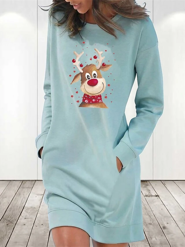 Women's Christmas Hoodie Dress Winter Dress Light Blue Grey White Long Sleeve Elk Pocket Print Winter Fall Crew Neck Stylish Casual Loose Fit 2022 S M L XL 2XL / Cotton 1 Women's Christmas Hoodie Dress Winter Dress Light Blue Grey White Long Sleeve Elk Pocket Print Winter Fall Crew Neck Stylish Casual Loose Fit 2022 S M L XL 2XL / Cotton