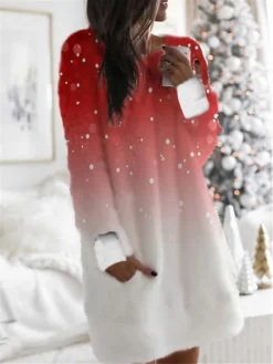 Women's Christmas Hoodie Dress Shift Dress Mini Dress Wine Light Red Fuchsia Red White Long Sleeve Plaid Elk Color Gradient Pocket Print Winter Fall Hooded Casual 2022 S M L XL XXL 3XL
