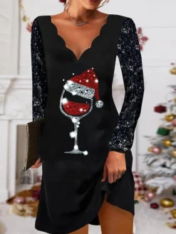 Women's Casual Dress Sheath Dress Mini Dress Black Long Sleeve Letter Print Fall Winter Autumn V Neck Modern Christmas 2023 S M L XL XXL 3XL