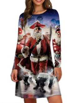Women's Christmas Casual Dress T Shirt Dress Tee Dress Mini Dress Black And White Green Black Long Sleeve Santa Claus Print Winter Fall Spring Crew Neck Fashion Daily Vacation Loose Fit 2022 S M L XL -Fashion Life Shop eczzaa1667541319926