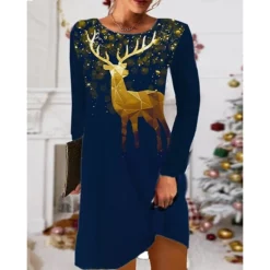 Women's Christmas Casual Dress T Shirt Dress Tee Dress Mini Dress Black Blue Red Long Sleeve Tree Snowflake Pocket Print Winter Fall Crew Neck Vacation Casual 2022 S M L XL XXL 3XL -Fashion Life Shop edfolr1668238081298