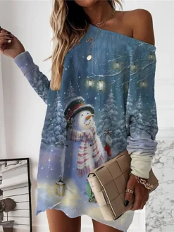 Women‘s Christmas Casual Dress Sweatshirt Dress Mini Dress Warm Fashion Outdoor Holiday Crew Neck Print Santa Claus Snowman Loose Fit Black White Blue S M L XL XXL -Fashion Life Shop edgvan1694502592537