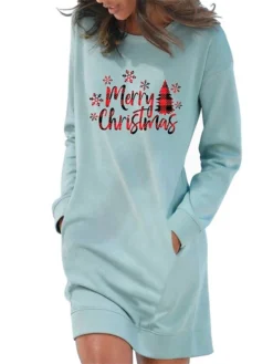 Women‘s Christmas Hoodie Dress Winter Dress Light Blue Grey White Long Sleeve Letter Tree Snowflake Pocket Print Winter Fall Crew Neck Stylish Casual 2022 S M L XL 2XL / Cotton -Fashion Life Shop edpclk1666603409172