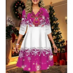 Women's Christmas Print Dress Green Blue Purple Red Black Long Sleeve Elk Snowman Tree Print Winter Autumn V Neck Fashion Casual Fall Dress Loose Fit 2022 S M L XL 2XL 3XL 4XL 5XL 6XL -Fashion Life Shop eezpvt1666064460234