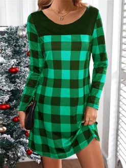 Women's Casual Dress Christmas Dress T Shirt Dress Tee Dress Plaid Print V Neck Mini Dress Fashion Streetwear Outdoor Christmas Long Sleeve Loose Fit Red Green Gray Fall S M L XL XXL -Fashion Life Shop efhawr1695381156007