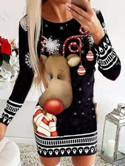Women's Casual Dress Christmas Dress Winter Dress Santa Claus Snowflake Print Crew Neck Mini Dress Fashion Classic Outdoor Christmas Long Sleeve Loose Fit Black White Red Fall Winter S M L XL XXL