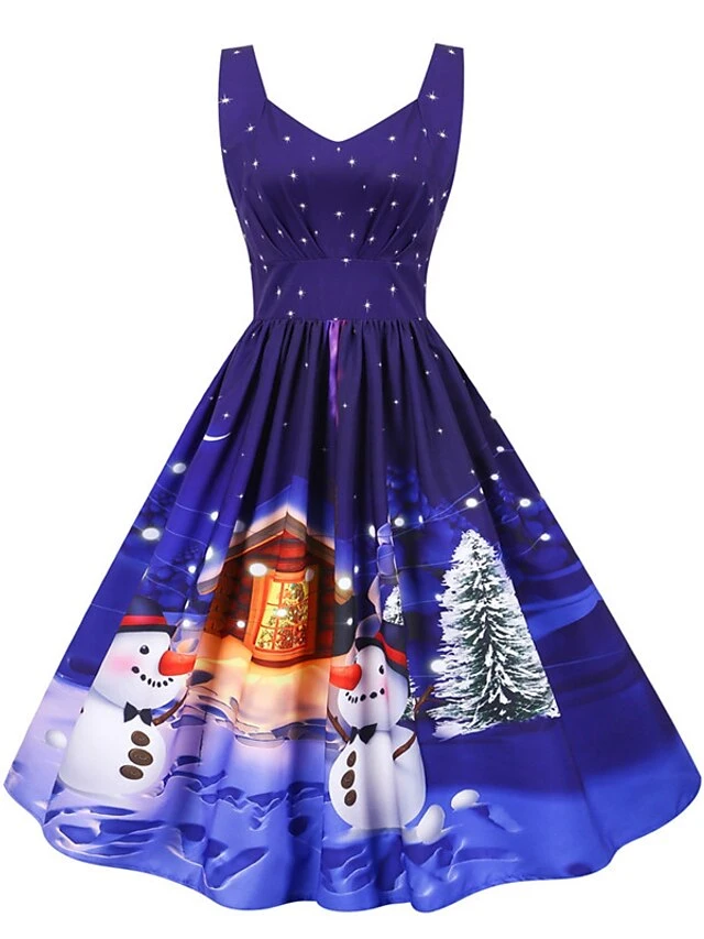 Women's Christmas Knee Length Dress Purple Black Red Navy Blue Light Blue Sleeveless Print Bow Print Fall Winter V Neck Casual Vintage2021 S M L XL XXL 2 Women's Christmas Knee Length Dress Purple Black Red Navy Blue Light Blue Sleeveless Print Bow Print Fall Winter V Neck Casual Vintage2021 S M L XL XXL - Image 2