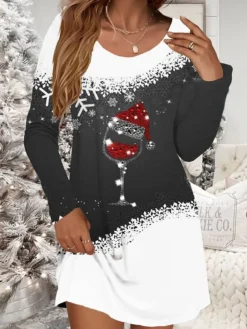 Women's Casual Dress Christmas Dress Winter Dress Christmas Hat Print V Neck Mini Dress Fashion Streetwear Outdoor Christmas Long Sleeve Loose Fit Black White Gray Fall Winter S M L XL XXL -Fashion Life Shop egawrh1697017008333