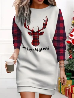 Women's Christmas Casual Dress Sweatshirt Dress Mini Dress Warm Fashion Outdoor Vacation Crew Neck Print Santa Claus Snowman Loose Fit Black White Wine S M L XL XXL -Fashion Life Shop eheady1695365439496