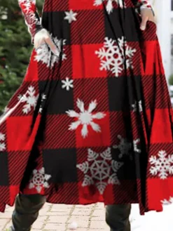 Women's Christmas Casual Dress Swing Dress Midi Dress Wine Long Sleeve Plaid Pocket Winter Fall Autumn Fashion Daily Weekend 2022 S M L XL XXL 3XL -Fashion Life Shop eibprg1667961877143