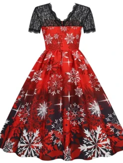 Women's Christmas Casual Dress Swing Dress Midi Dress Green Wine Light Red Fuchsia Red Black Short Sleeve Santa Claus Snowman Snowflake Lace Print Winter Fall Crew Neck Vacation Vintage 2022 S M L XL -Fashion Life Shop eiccky1666761920355