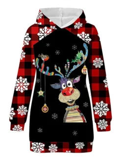 Women‘s Christmas Hoodie Dress Winter Dress Snowflake Scarf Fawn Star Scarf Fawn Cape Deer Colored Horned Fawn Long Sleeve Elk Snowflake Pocket Print Winter Fall Hooded Stylish Casual Fall Dress -Fashion Life Shop eilxso1665747012281