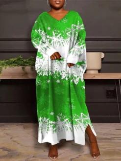 Women's Christmas Plus Size Curve Casual Dress Winter Dress Snowflake Long Dress Maxi Dress Long Sleeve Print V Neck Fashion Outdoor Red Blue Fall Winter L XL XXL 3XL 4XL -Fashion Life Shop eiqnyt1695360876428